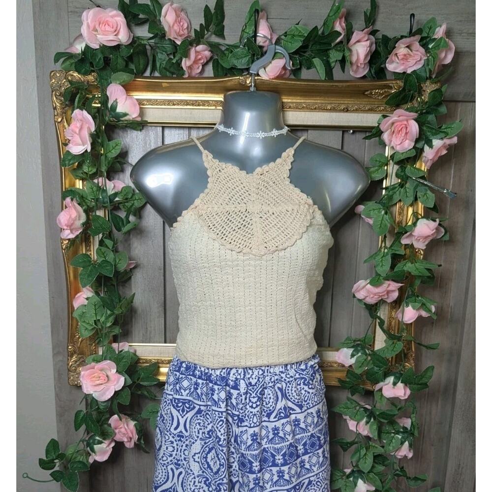 H&M Womens Small Crochet Knit Halter Tank Top Cream Boho Cottagecore